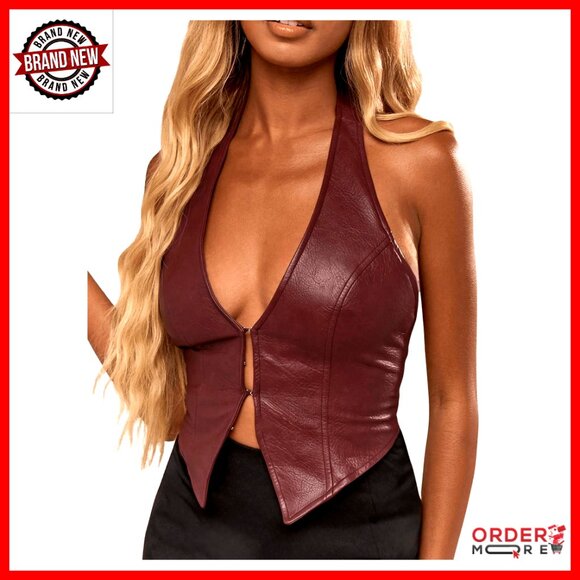 PU Leather Halter Tank Deep V Neck Asymmetrical Vest Corset Party Clubwear